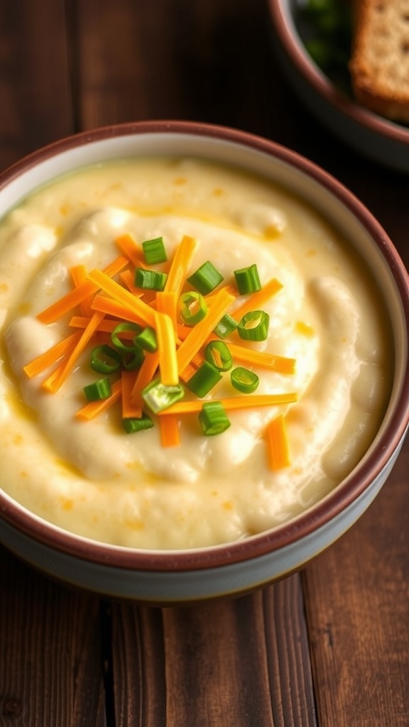 A bowl of creamy cheese grits topped with cheddar cheese and green onions, set on a rustic wooden table.